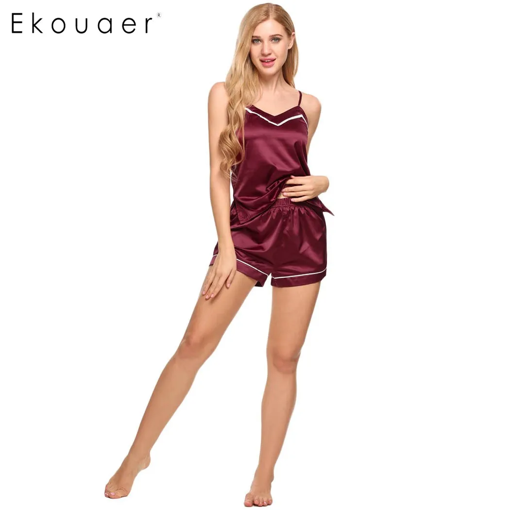 

Ekouaer Women Satin Pajamas Set Summer V-Neck Sleeveless Cami and Shorts Lounge Sleepwear Patchwork Spaghetti Strap Pajama