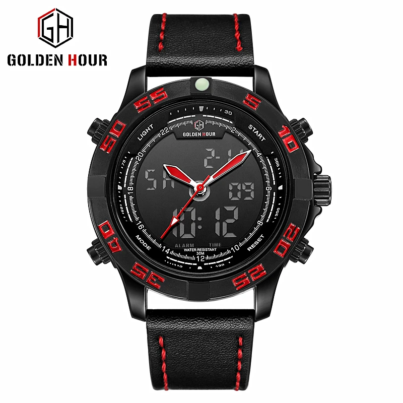 

2018 GOLDENHOUR Men's Fashion Sport Watches Men Quartz Analog Date Clock Man Leather Military Waterproof Watch Relogio Masculino