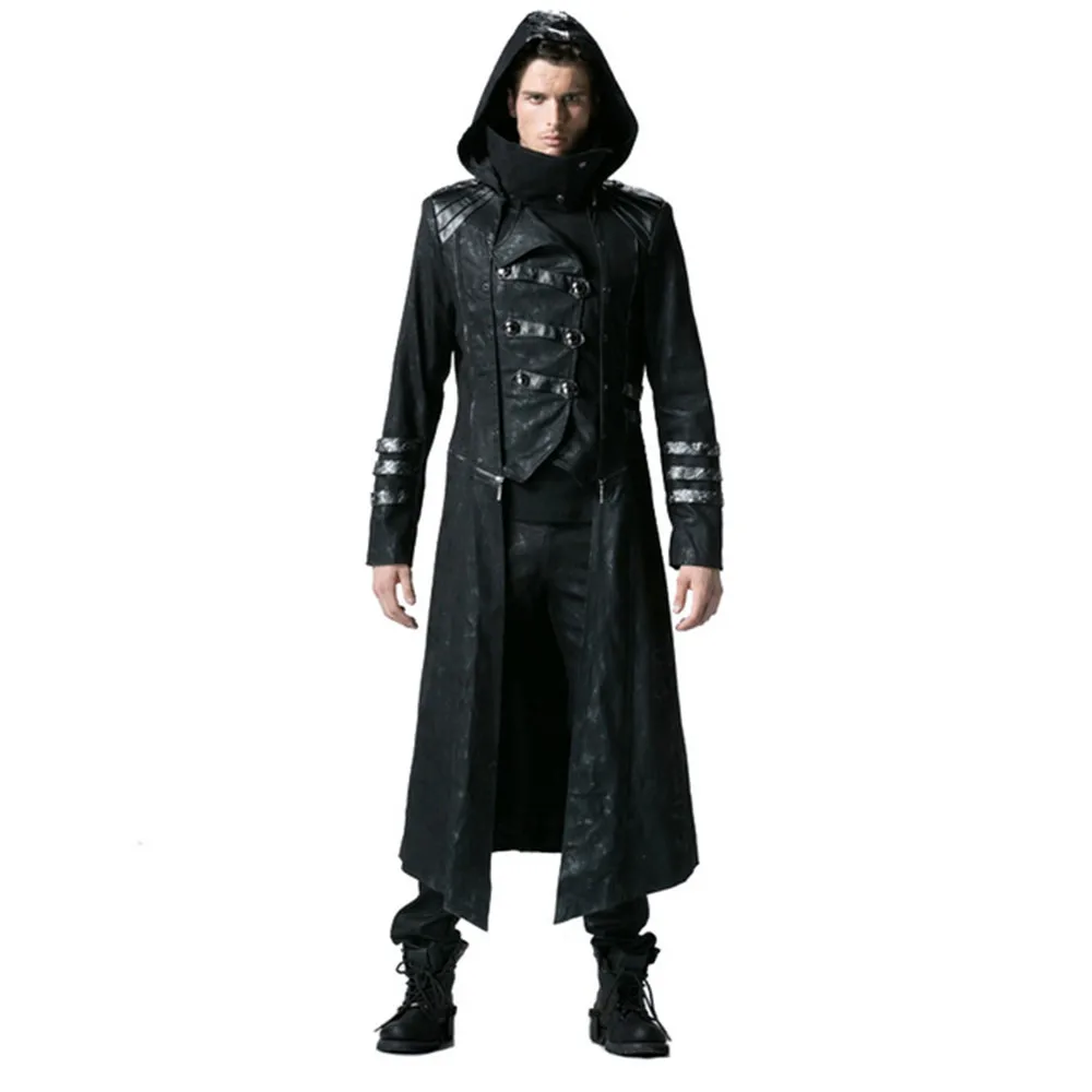 Steampunk Men Trench Coats Black Strentch Coats With Leather Gothic Hooded Detachable Long Coats Steampunk Men Trench Coats Black Strentch Coats With Leather Gothic Hooded Detachable Long Coats