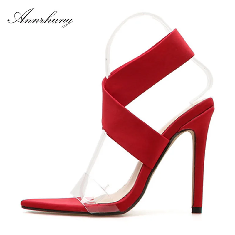 

Elastic Band Wrap Transparent PVC Women Sandals Ankle Wrap Open Toe Thin Heel High Heels Candy Color Stiletto Sandalias Women