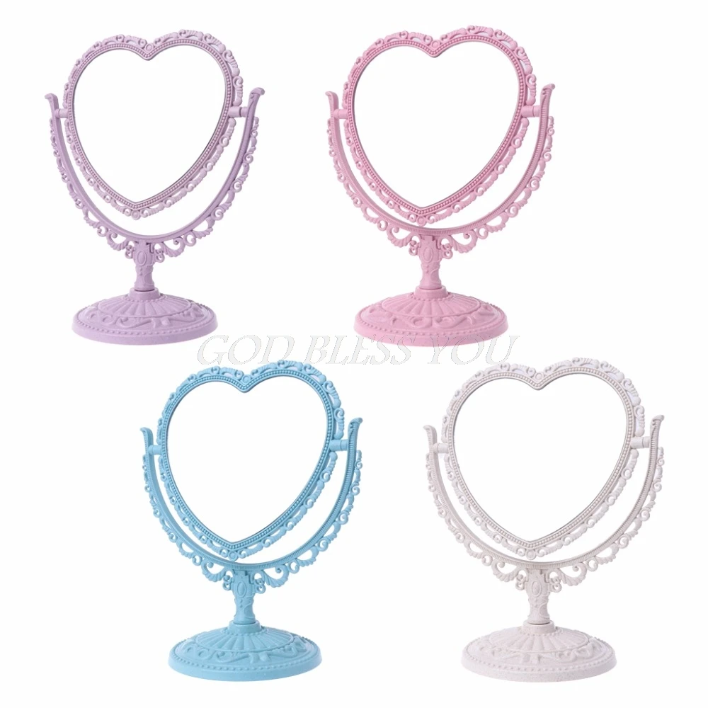 

2 Sides Heart-shaped Makeup Mirror Rotatable Stand Table Compact Mirror Dresser 21x26cm 4 Color
