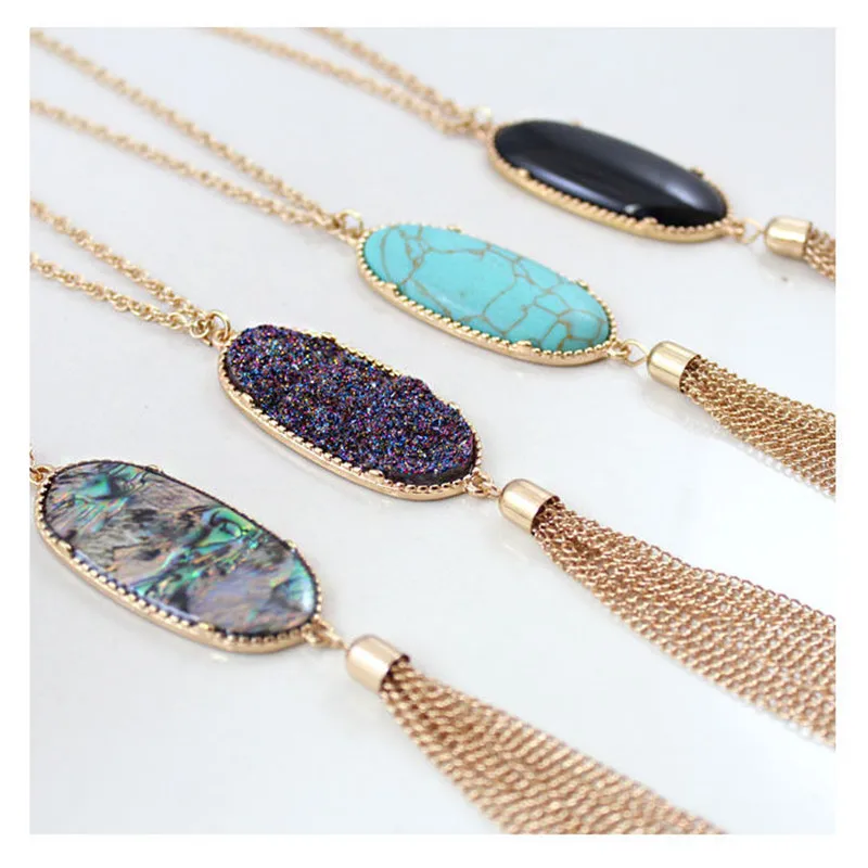

SEDmart Colorful Natural Abalone Shell Tassel Necklace Gold Color Long Chain Bohemia Pendant Necklaces for Women Fashion Girls
