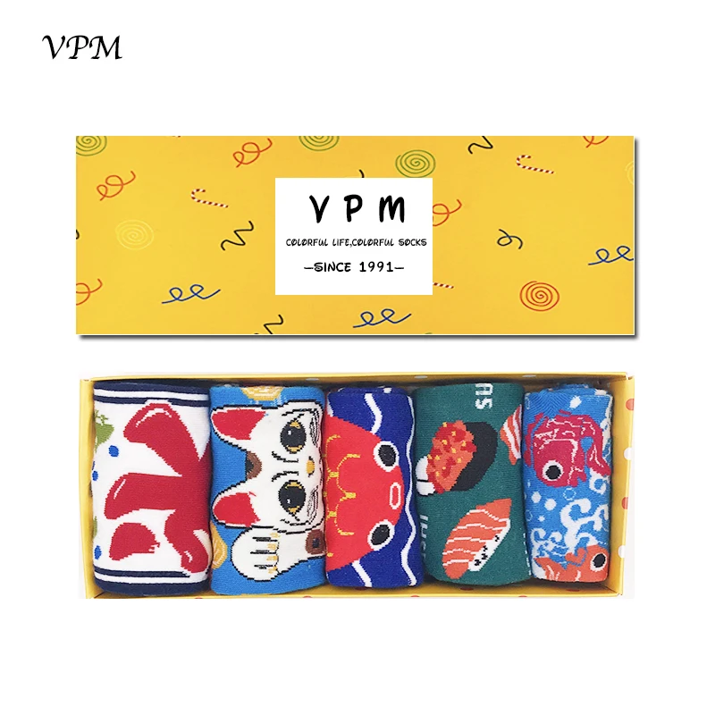 VPM Kawaii Хлопковые женские короткие носки Мультяшные рыбки суши удача кот Кит