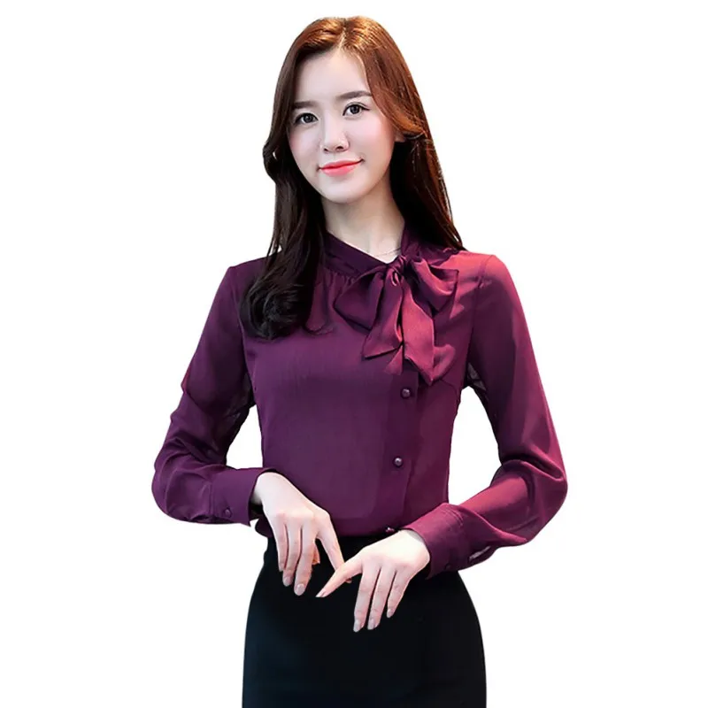 

ZH Women Fashion Bow Neck Chiffon Shirts Long Sleeve Solid Blouse Shirt for Office Lady