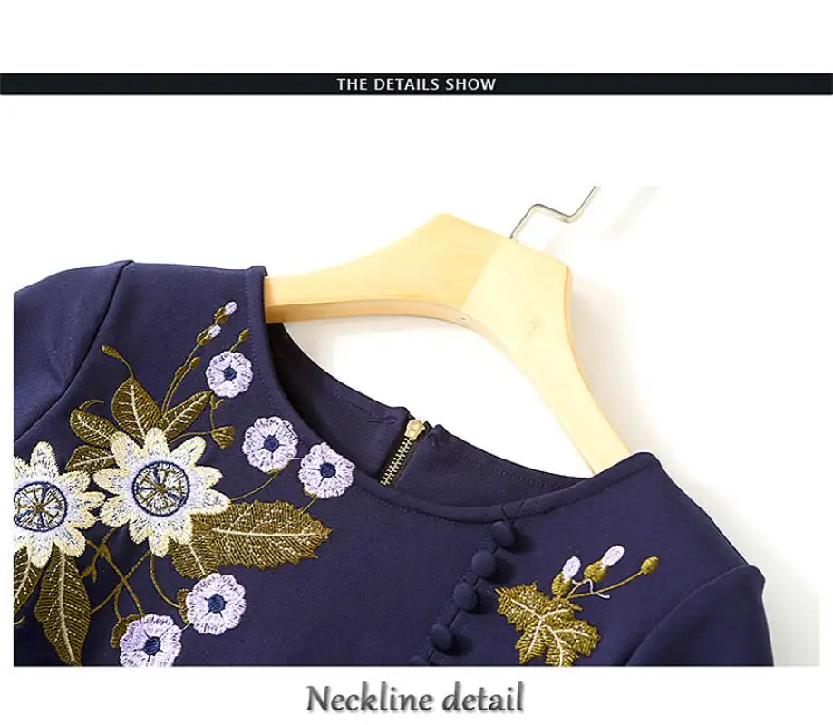 Women Flowers Embroidered Hem Dress Round Neck 3/4 Sleeve A-line Skirt 2018 Spring Summer Fashion Knee Length Dress