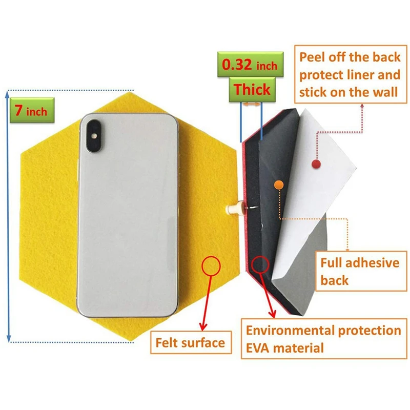 6 цветов, прямая Шестигранная фетровая доска для объявлений, пробковая доска, плитка, самоклеющаяся настенная декорация для фотографий, дисплей для заметок(7x6,1x0,32