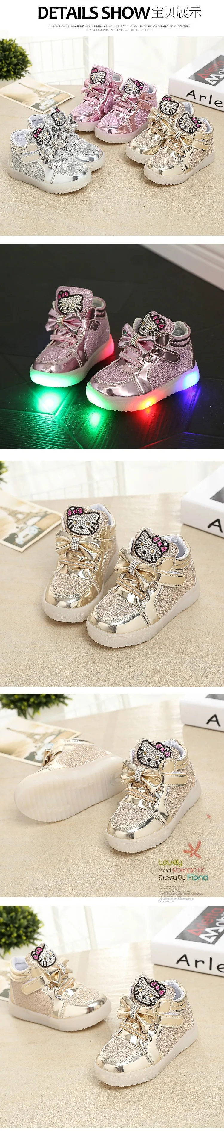 LED Glowing Baby Girls Fashion Short Boots Hello Kitty Top Quality Princess Soft Sports Shoes Non-Slip Sneakers Comfortable