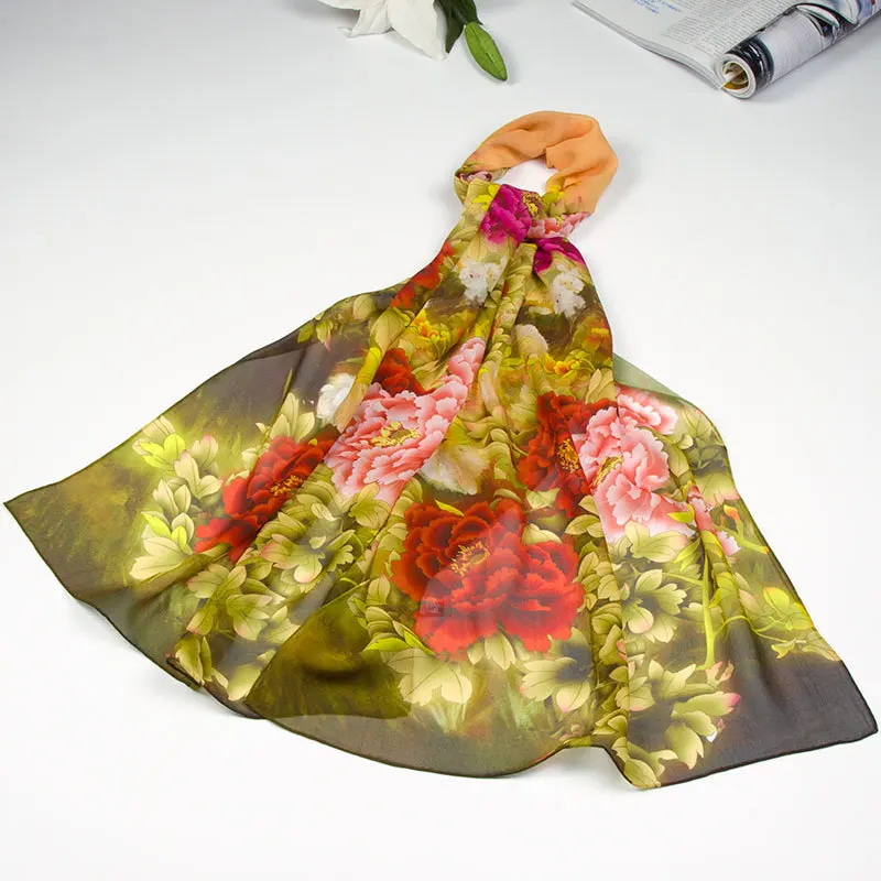 

100% Silk Scarf Women Scarf Peony Silk Shawl 2019 Top Designer Scarf Female Silk Pashmina Long Thin Silk Wrap Luxury Lady Gift