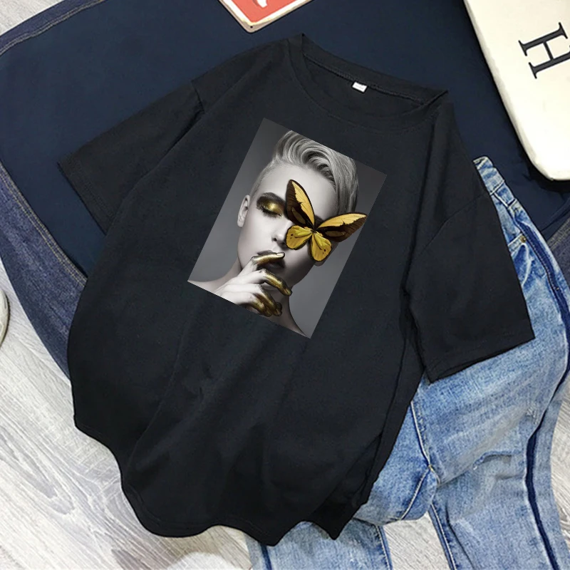 

100% Cotton T Shirt Women Harajuku Aesthetics Tshirt Butterfly Print Short Sleeve Tee Shirt Femme Tops Fashion Couple T-shirt