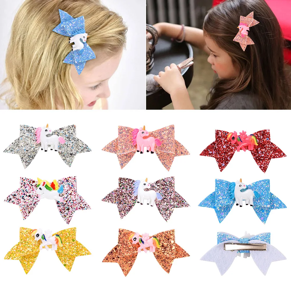 

1Piece 3.7inch Boutique Glitter Shiny Unicorn Hair Bows With Clips For Women Girls Hairpin Children Hair Accessories 938