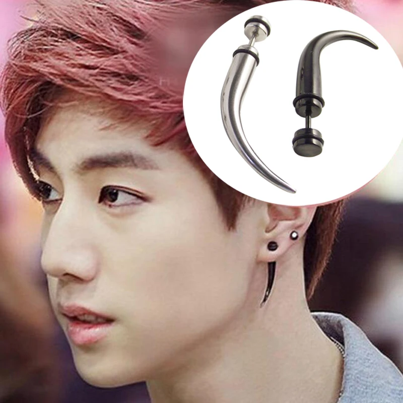 2piece Black Silver Stainless Steel Stud Earring Fake Ear Piercing