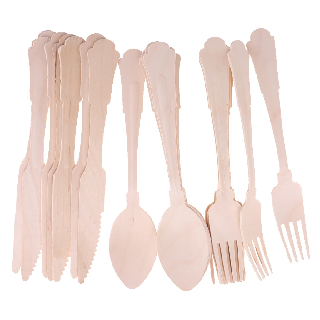 24pcs Disposable Wooden Cutlery Set Wooden Spoons Forks Knife for Weddings Party Events Dinner BBQ Supplies