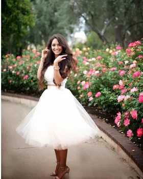 

Tulle and Lace Two Piece Set Prom Gown Tea Length Party Dress for Weddings Homecoming Custom Made