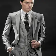 Модные одна кнопка Серый Жених Смокинги для женихов Для мужчин свадебные костюмы для выпускного Жених(куртка+ Брюки для девочек+ жилет+ галстук) k: 786