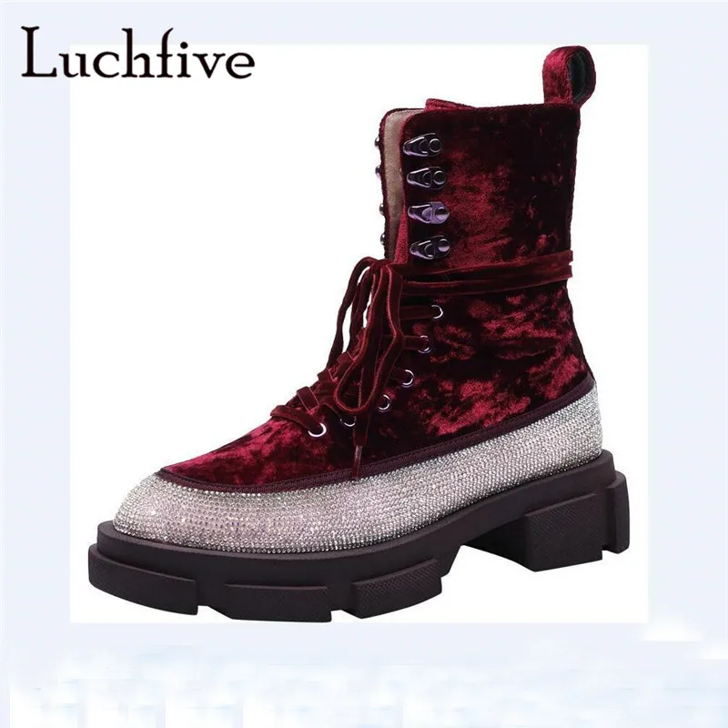 

Bing bling crystal winter boots women lace up round toe short boots comfortable wedges black red rhinestone shoes woman
