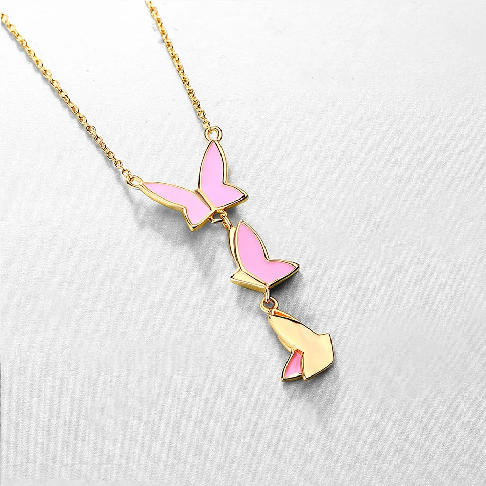 ALLNOEL Pink Enamel Butterfly Necklace For Women 9K Gold Plated Wedding Marriage Jewelry Anniversary Engagement Gifts On March 8 (5)