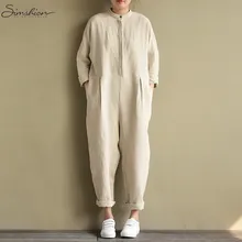 Vintage Linen Jumpsuits 2018 Women Long Sleeve Rompers Female Casual Solid Overalls Pockets Oversized Lady Autumn Pantalon Pants