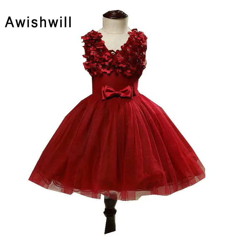 V neck Pretty Wine Red Color Flower Girl Dresses With Bow Ball Gowns