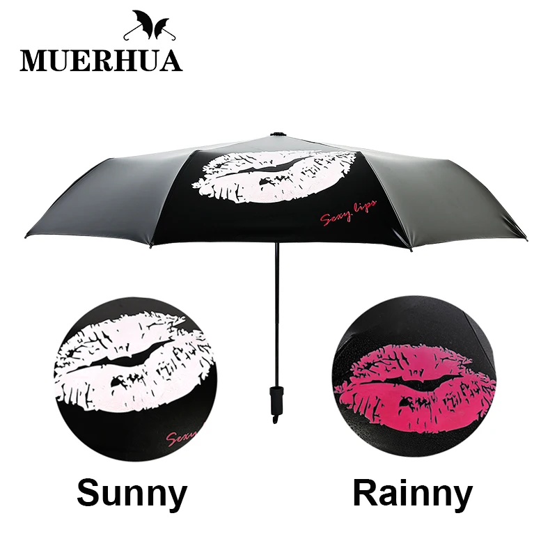 

MUERHUA Lip print Color Change Umbrella Waterproof UV Protection Umbrella 3 Folding Women Men Parasol Durable Female Rain Tool