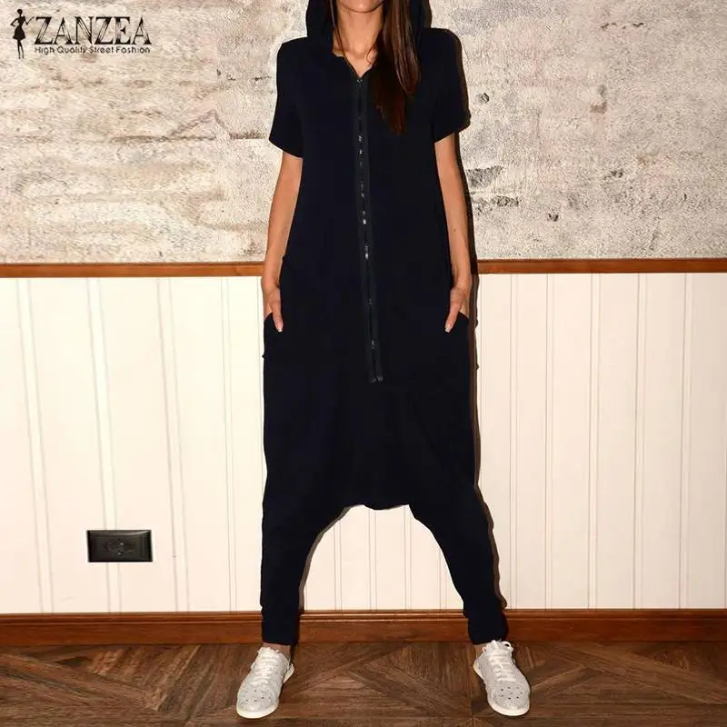 

ZANZEA Plus Size Women Zip Up Drop-Crotch Long Jumpsuit Casual Solid Pockets Long Pants Overalls Combinaison Femme Long Mono 5XL