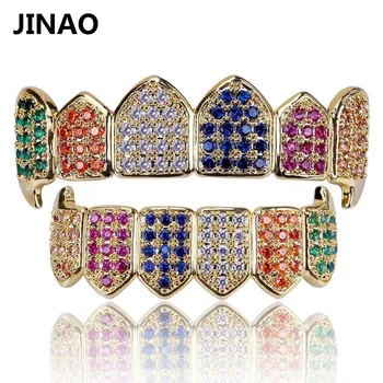 

JINAO Hip Hop Teeth Grillz GOLD Color&Silver Plated Micro Pave Rainbow CZ Gold Fang Top&Bottom Colorful Teeth Grills Vampire Set