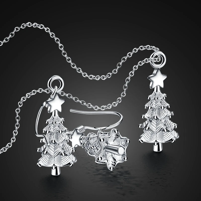 So Chic Jewels 925 Sterling Silver Christmas Necklace and Ear Studs Set 