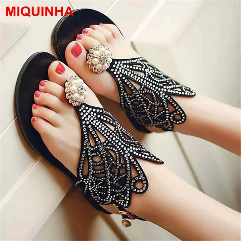 

MIQUINHA Brand Flip Flop Pearl Flower Decor Crystal Peacock Pattern Design Women Sandal Bling Beach Shoes Wedding Party Flats