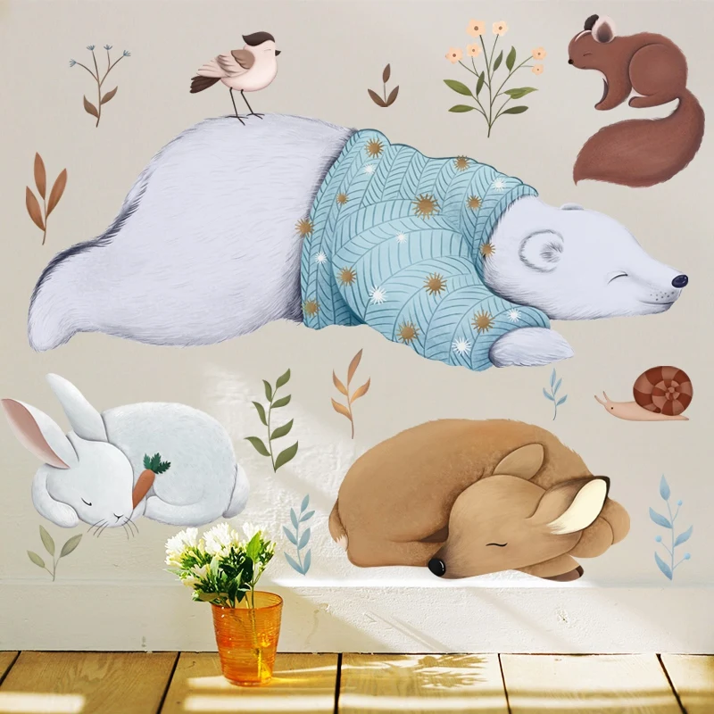 Polar Bear Rabbit Squirrel Animals Wall Stickers Bedroom Kids Baby room Background Removable Wall Decals Art Murals Home Decor