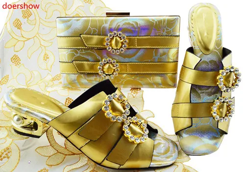 

doershow gold color Matching Women Shoes and Bag Set Decorated with Rhinestone African Shoes with Matching Bag Set JZS1-27