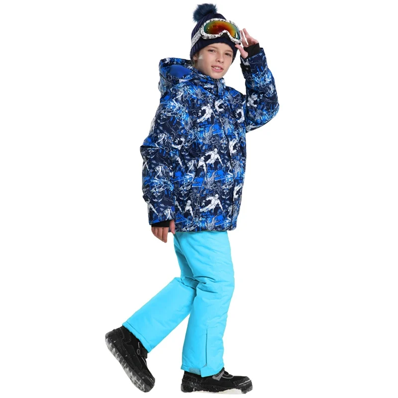 Зимние водонепроницаемые ветрозащитные лыжные комплекты для мальчиков, детская теплая лыжная куртка, детские спортивные костюмы для сноуборда с капюшоном - Цвет: 81723Sky Blue