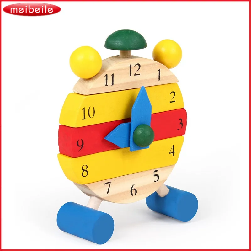 Wooden Colorful Clock Block Early Learning Building Blocks Children