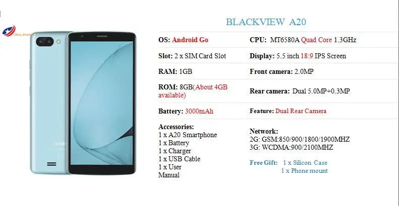 Новинка, смартфон BLACKVIEW A20 Android GO, двойная камера заднего вида, четырехъядерный процессор MT6580M, 1 Гб+ 8 Гб, 3000 мАч, gps, 3g, низкая цена, мобильный телефон