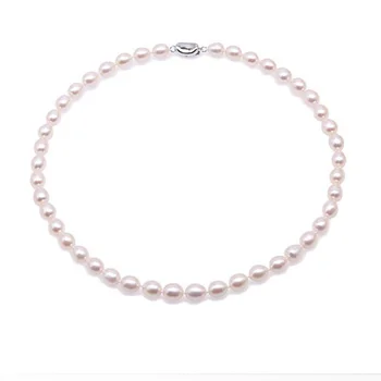 

Classic Pearl Necklace Choker 8-11mm White Rice-shaped Cultured Pure Freshwater Pearl Necklace 18"