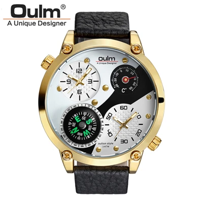 Брендовые новые мужские часы от ведущего бренда Oulm, мужские часы с кожаным ремешком, кварцевые часы с двумя часовыми поясами, мужские часы montre homme - Цвет: gold case white