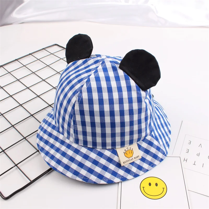 3Striped Baby Sun Bucket Hat Toddler Infant Boy Girl Black Ears UV Protection Basin Caps Cotton Breathable Fashion Grid Hat for Summer