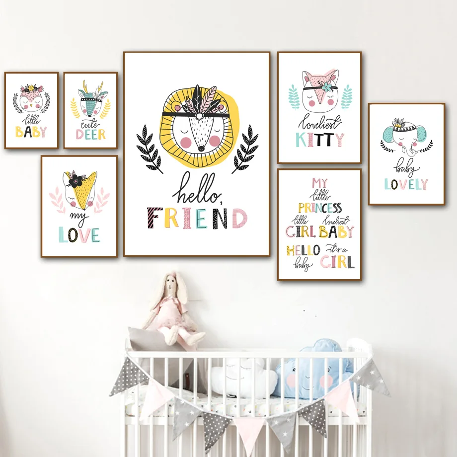

Cartoon Deer Lion Fox Elephant Feather Quotes Nordic Posters And Prints Wall Art Canvas Painting Wall Pictures Kids Room Decor