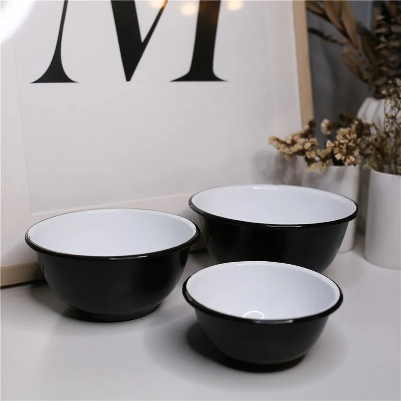 (3 pieces/set)Black Enamel Salad Bowls Rice Bowl in Bowls from Home