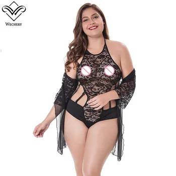 

Wechery Lingerie Women's Underwear Sexy Floral Transparent Nightwear with Long Sleeve Cape Hollow Out Halter Sleepwear