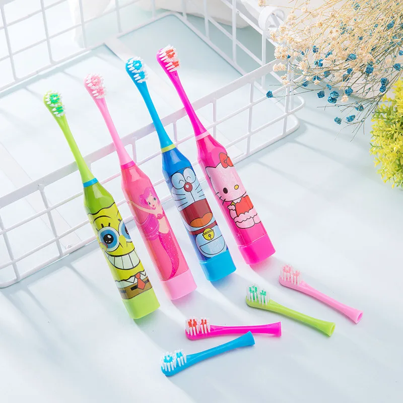 Children Cartoon Pattern Electric Toothbrush Kids Home Cute Soft Hair Electric Teeth Brush 2Pcs Double-sided Clean Replace Head