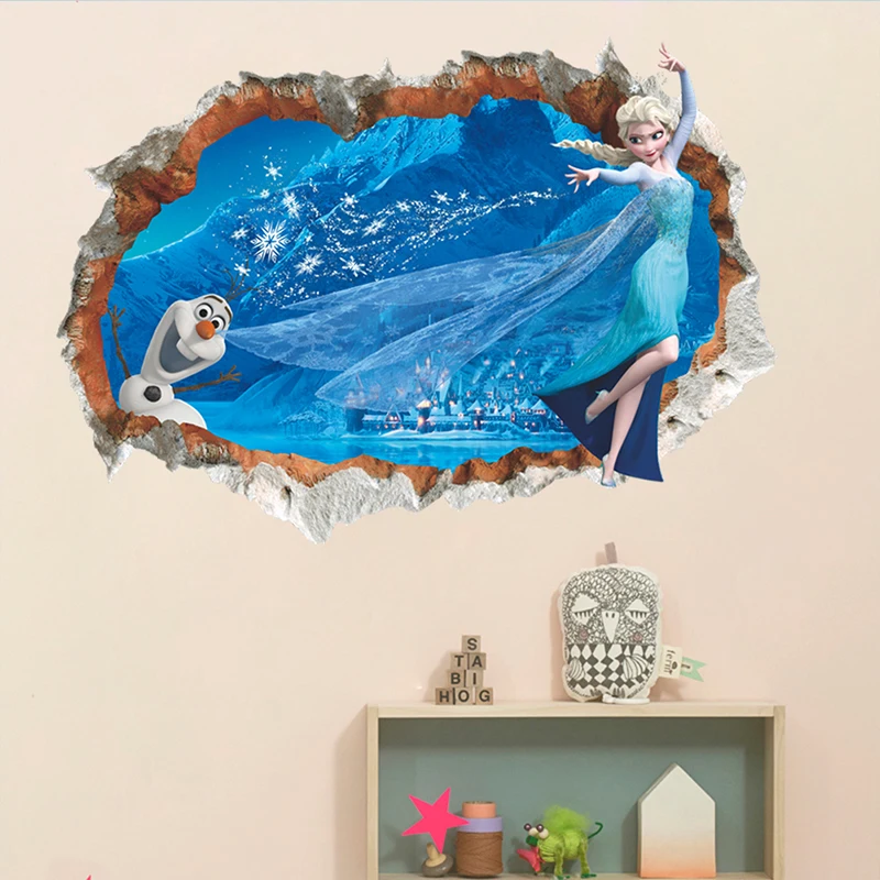 Disney Olaf & Elsa Princess Frozen 3Dview Broken Hole Wall Stickers Movie Mural Art Kids Room Accessories Home Decoration