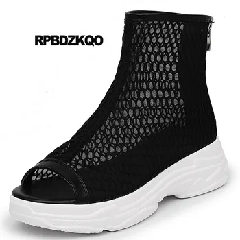 

Summer White Platform Boots Mesh Peep Toe Women Shoes Cut Out Flatform Ankle Wedge Harajuku Black Sneakers Muffin Open Sandals