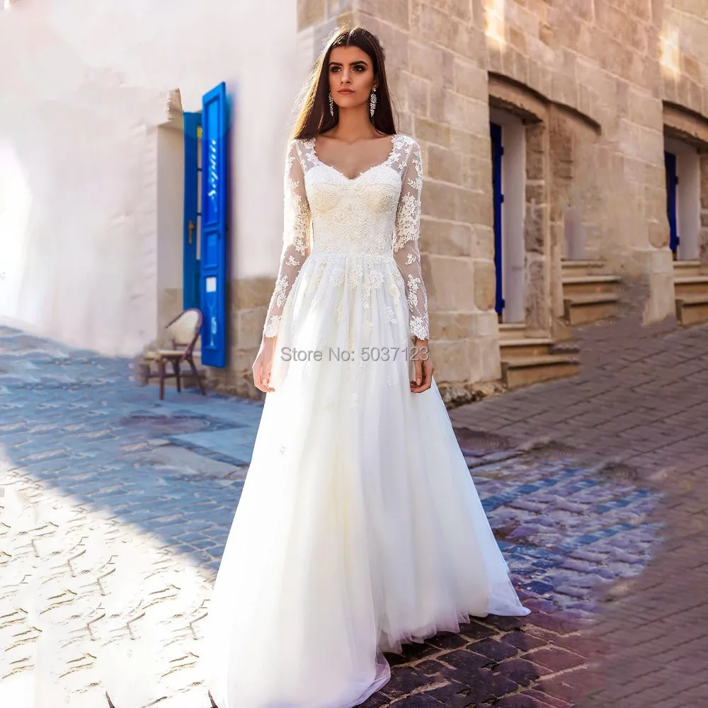 

A-Line Wedding Dresses 2019 Long Sleeve V-neck Appliques Lace Bridal Wedding Gowns Lace Up Vestido De Noiva Plus Size