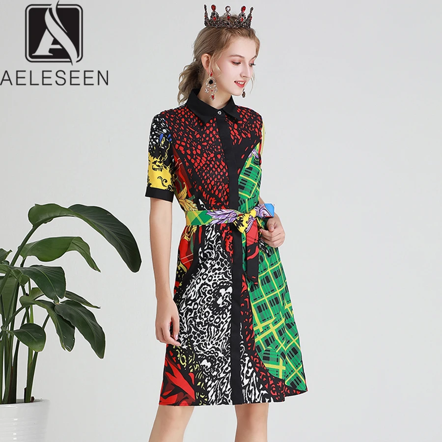 AELESEEN, винтажный стиль,, летние женские платья, высокая уличная контрастность, цвет, отложной воротник, повседневная одежда, праздничное свободное платье