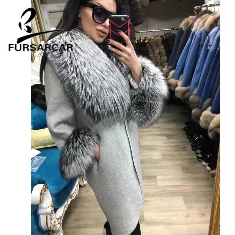 FURSARCAR Top Quality Real Fur Coat Women New Style Fur Coat With Thick Warm Fox Fur Collar Winter Warm Woolen Skin Fur Jacket