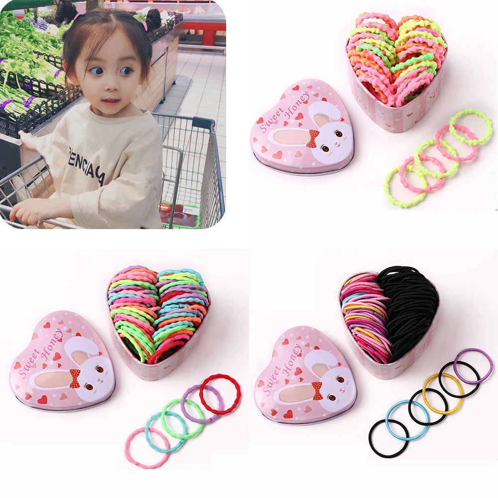 

50Pcs/Set Colorful Elastic Hair Bands For Girls With Iron Box Nylon Headbands Easy To Store Cute Wave Headwear Hair Accessories