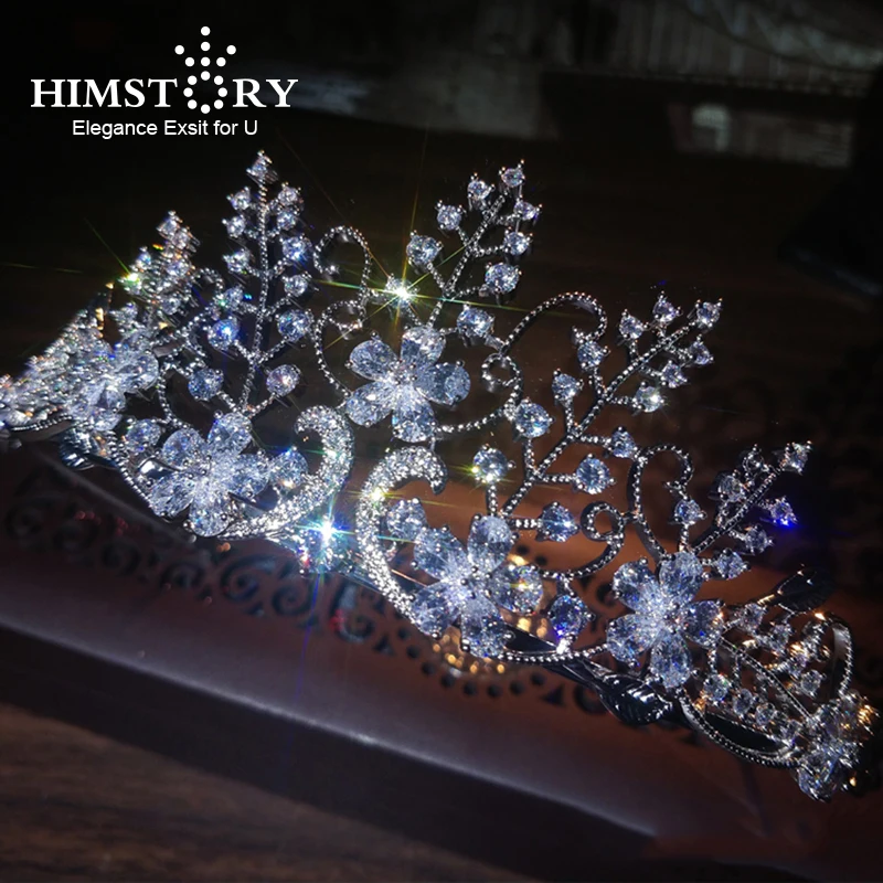 

Himstory Sparkling Flower Brides Cubic Zircon Tiaras Crowns Leaves Hairbands Wedding Hair Accessories Silver Evening Jewelry