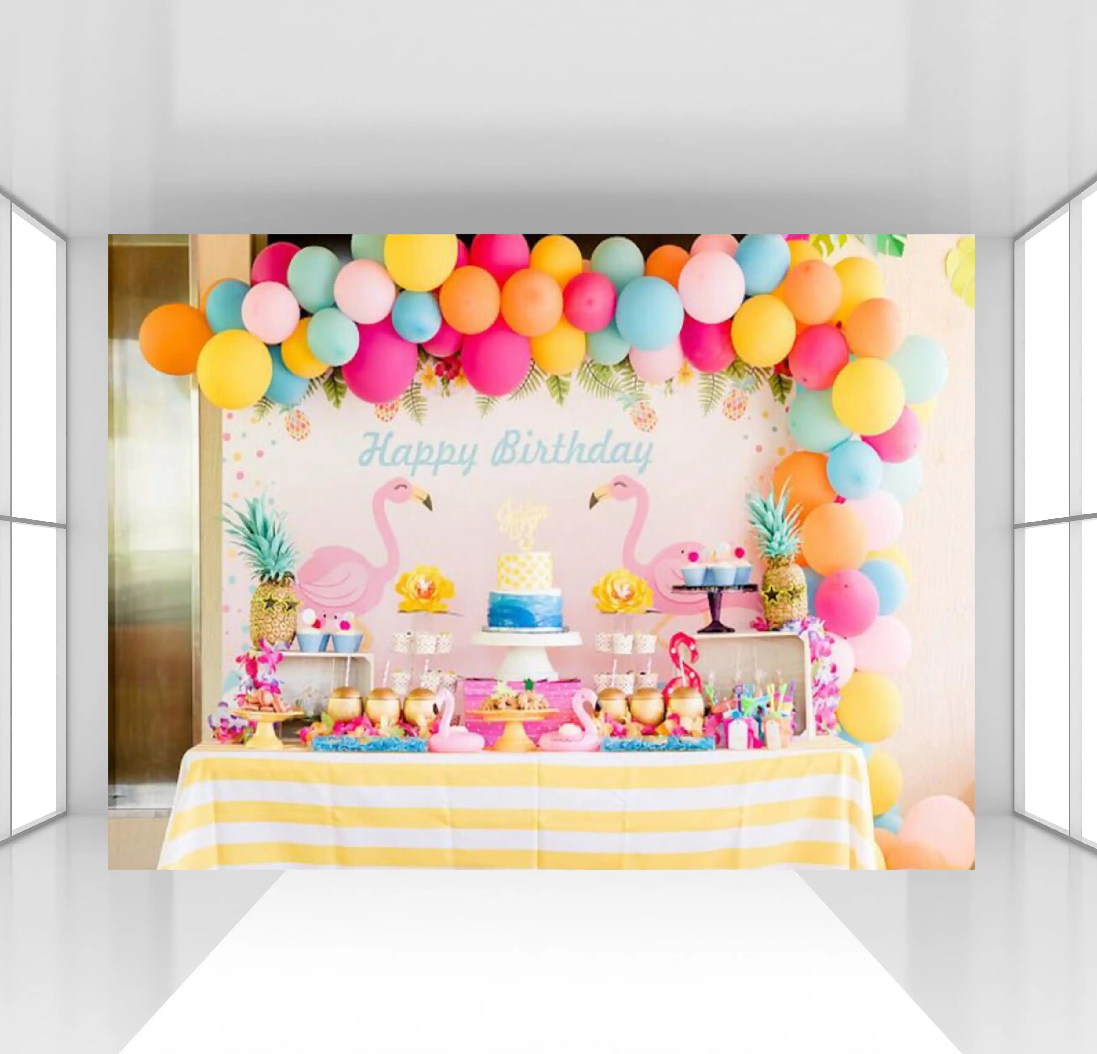 Huayi Customized Cartoon Flamingo Backdrop Photophone Girl