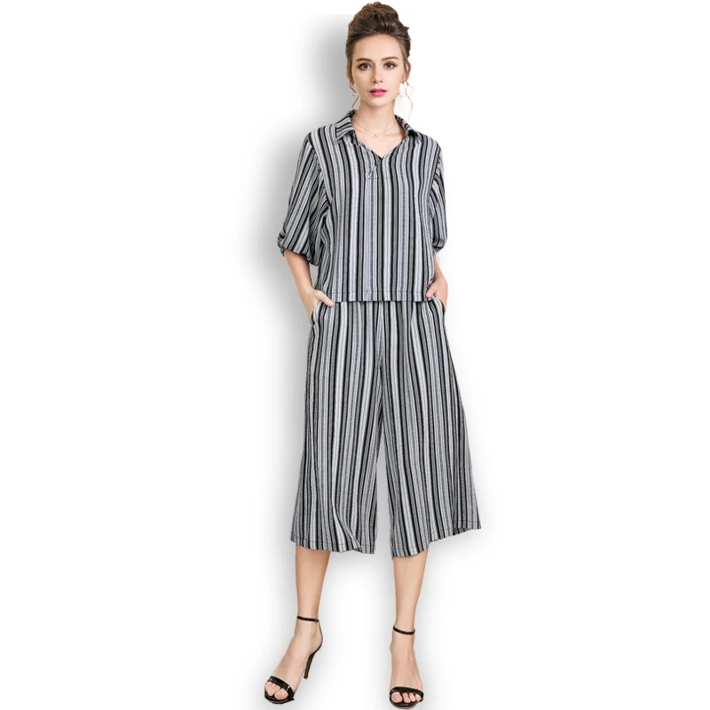 L~ XXXL 4XL 5XL женский костюм из двух частей для размера плюс, летний женский комплект, топы с рукавами-фонариками, широкие штаны AOFULI A3659 - Цвет: Черный