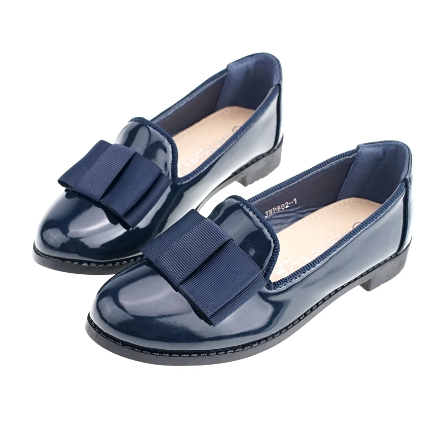 Dark Blue Лоферы с закрытым носком для девочек; слипоны из искусственной кожи на плоской подошве; обувь с цветочным узором для девочек; школьная обувь с бантом; 802-1 - Цвет: Dark Blue