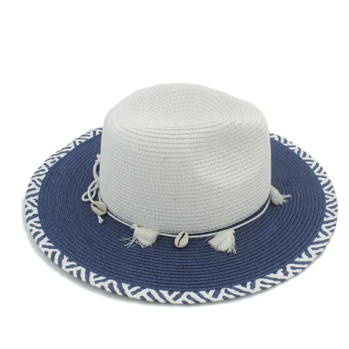 Blue with shell Лето г. Для женщин соломенная шляпа, Панама для защиты от солнца для элегантных леди queen широкополая шляпа с Широкими Полями Фетровая шляпка шерстяная Bobo оболочки от солнца, Пляжная Кепки - Цвет: Blue with shell